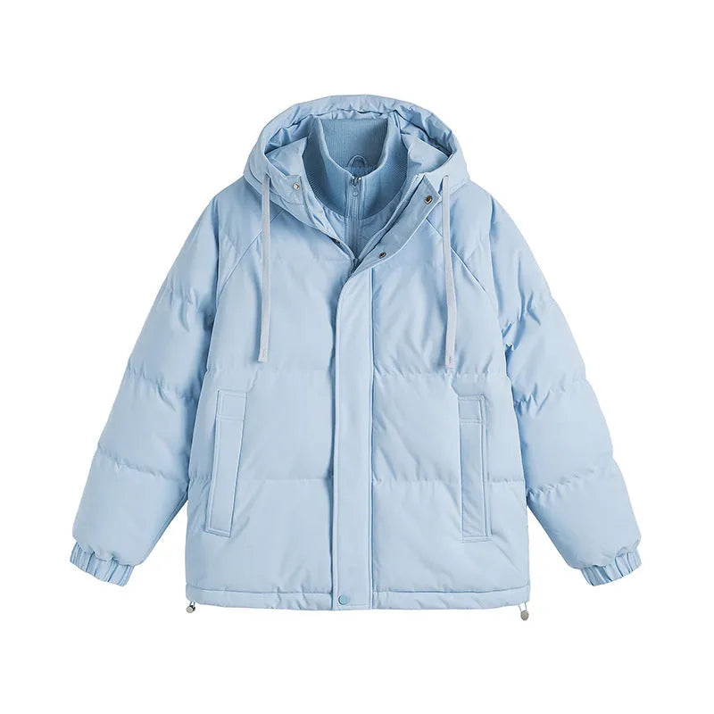Loose-fit winter cotton-padded coat in cardigan style with side pockets
