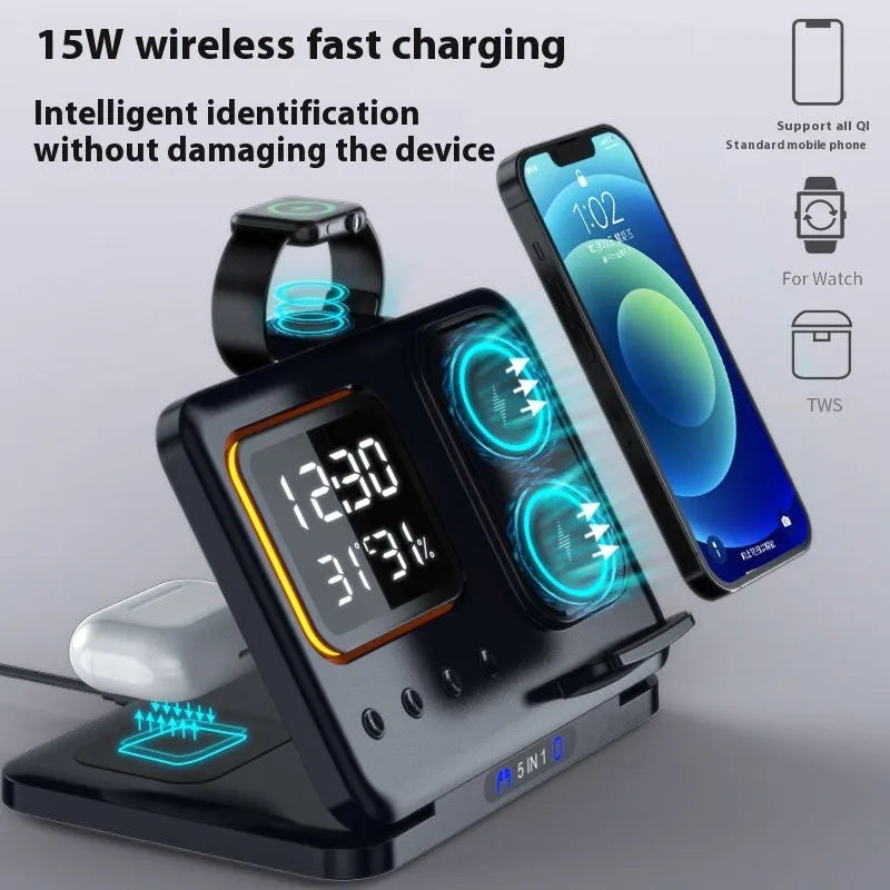 Black 5-in-1 wireless charging station showing phone charging alongside digital clock with temperature display