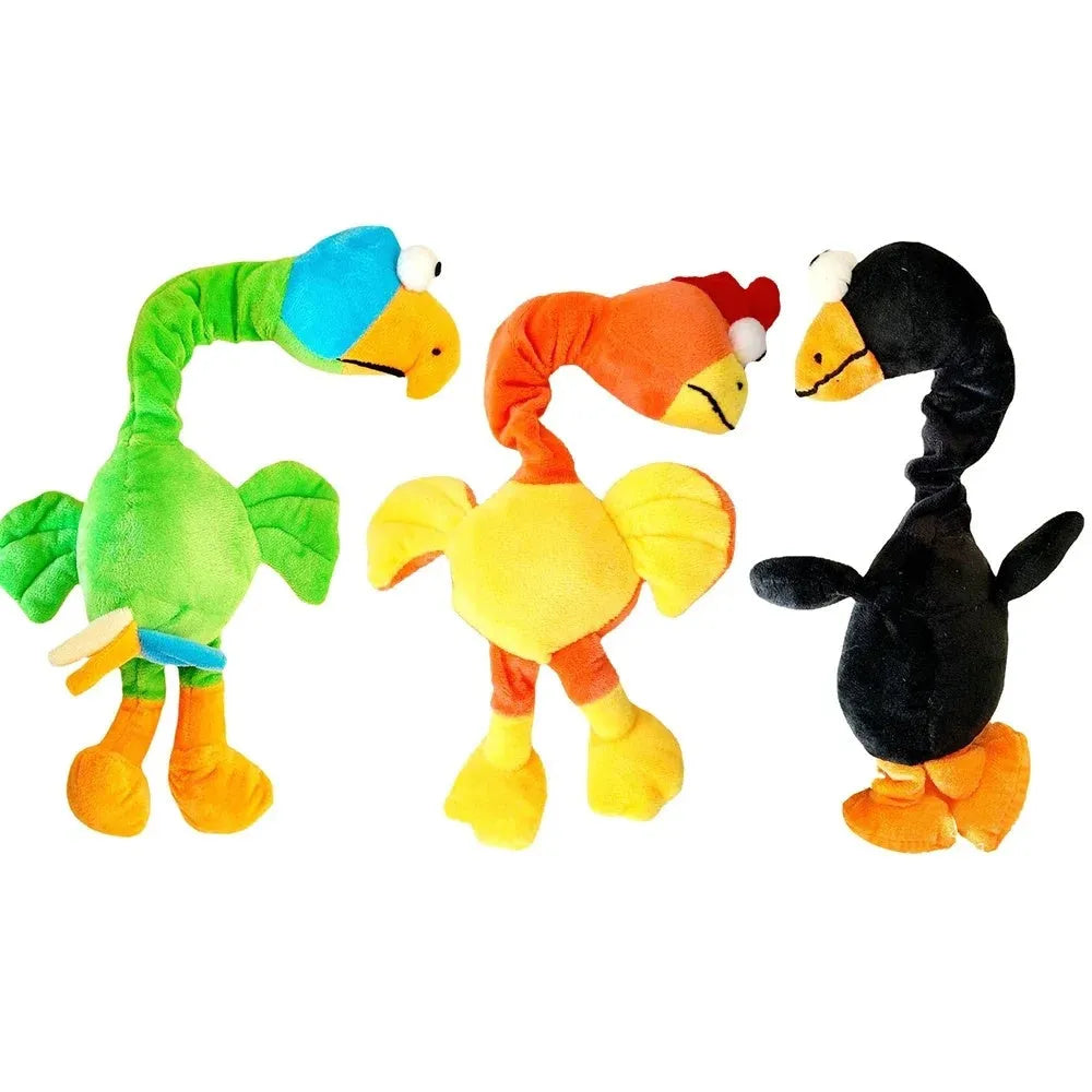 Bite-resistant screaming chicken sound squeaky dog toy in black, green, and orange.