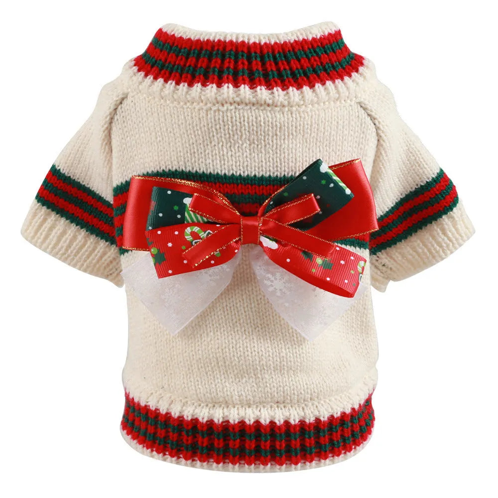 Red Christmas dog jumper on small dog showing crew neck design and festive colour