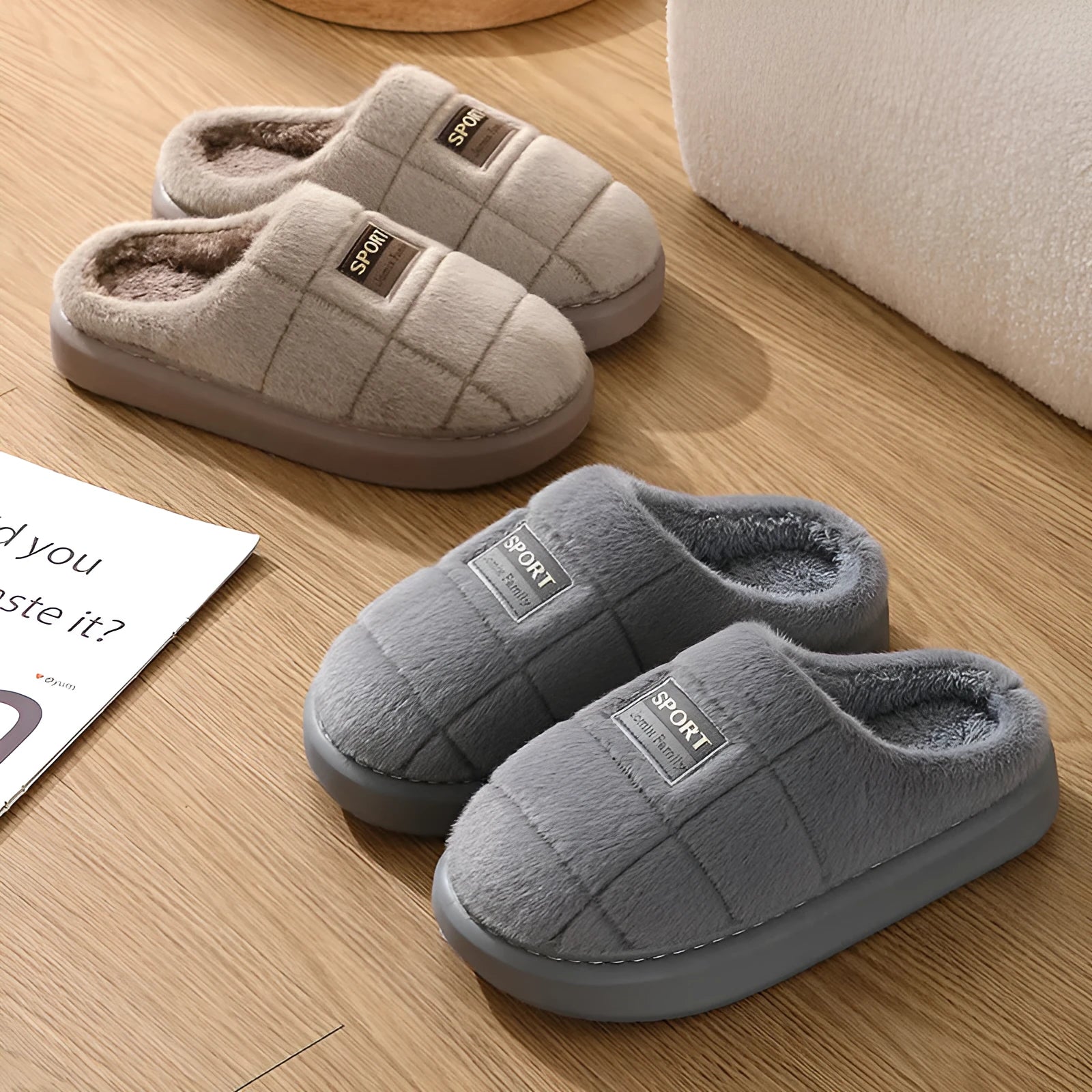 Men's grey and brown plaid winter slippers with rabbit hair uppers and thick soles