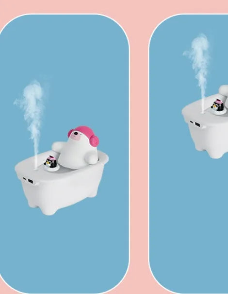 White USB air humidifier with large water tank on a desk.