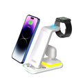 Black vertical wireless charging stand with phone, smartwatch and earbuds charging simultaneously