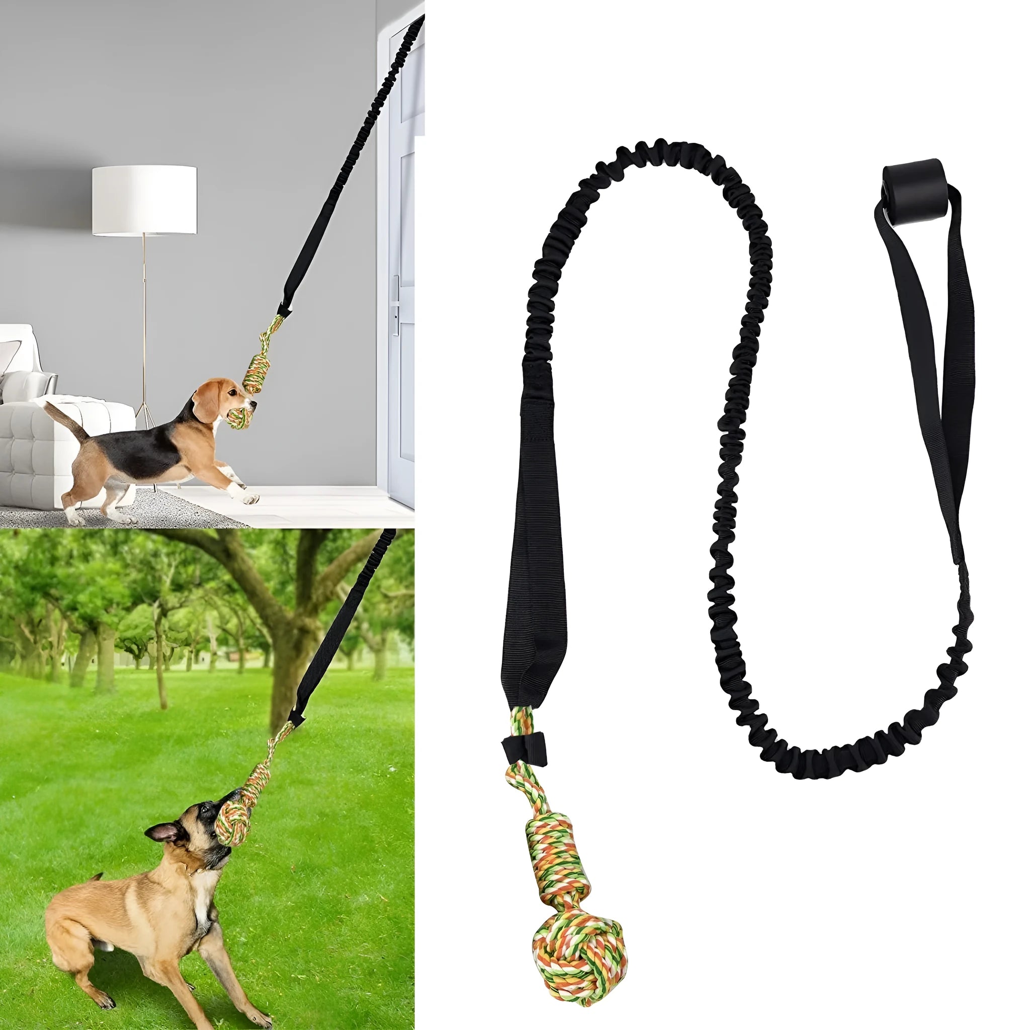 Woven cotton dog tug of war rope toy in black, grey, or red for chewing and interactive play.