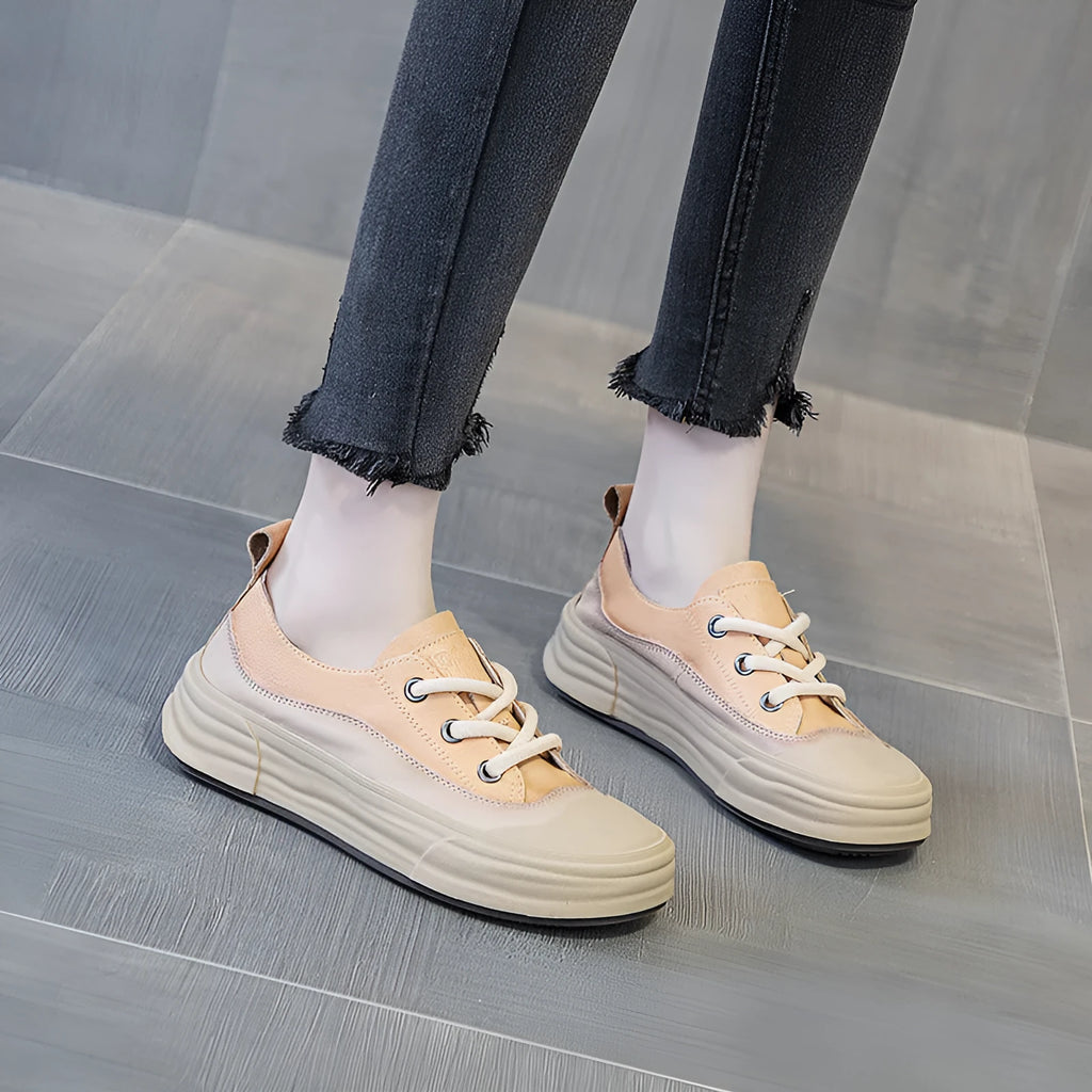 Women's matcha green leather platform sneakers with round toe and lace-up front