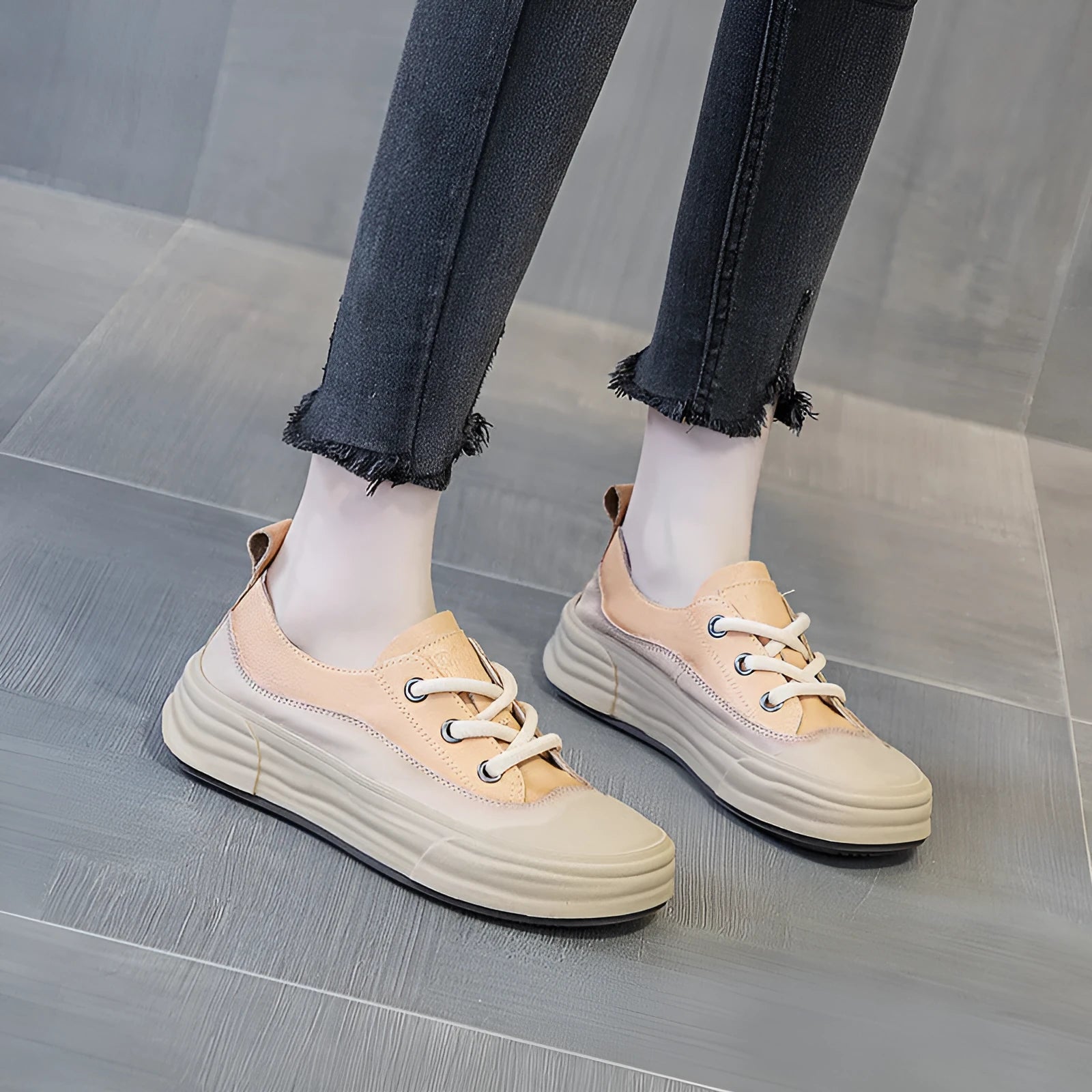 Women's matcha green leather platform sneakers with round toe and lace-up front
