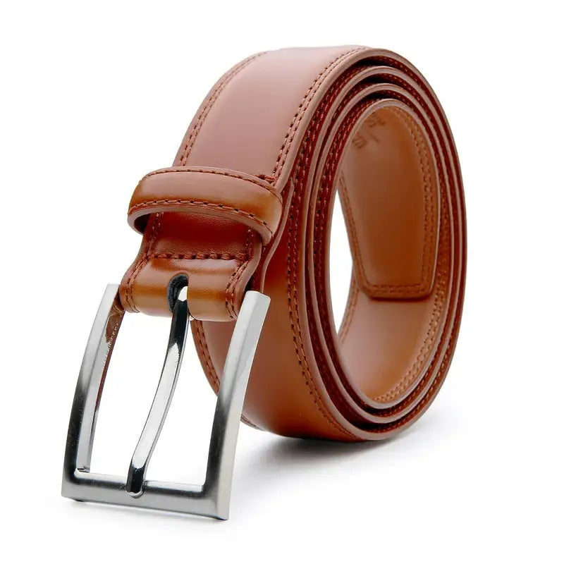 Men's brown genuine leather belt with 95 grain texture and alloy buckle on a white background