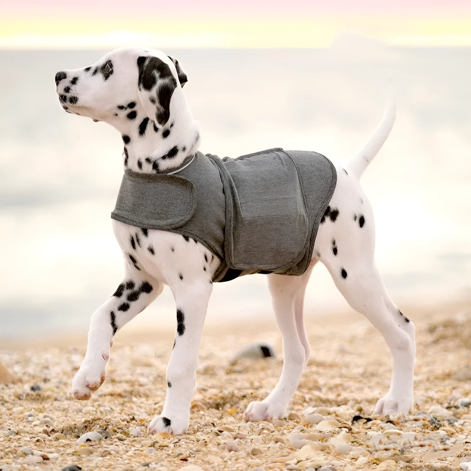 Heather Grey dog anxiety jacket or calming vest on a mannequin, showing soft fabric and secure fit.