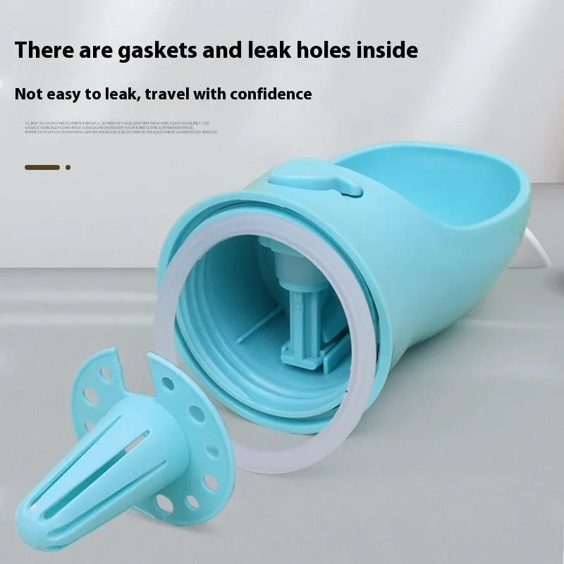 Blue dual-use plastic dog water cup with bottle and bowl design for outdoor walks.