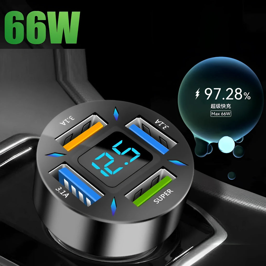 Four-port USB car charger with LED digital display showing voltage reading