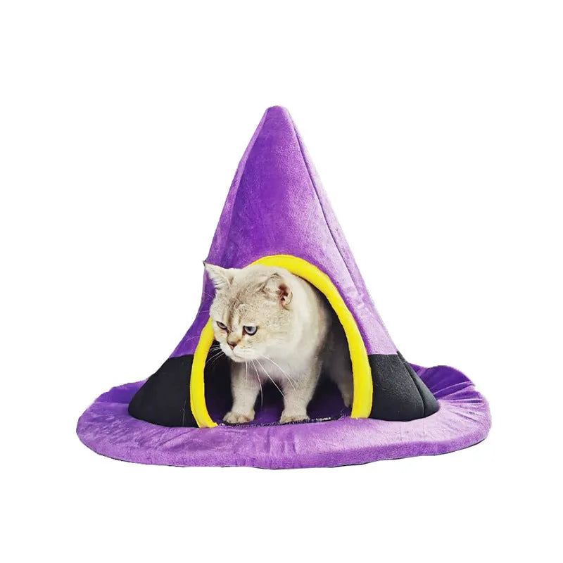 Purple witch hat shaped cat nest pet bed measuring 60x45cm