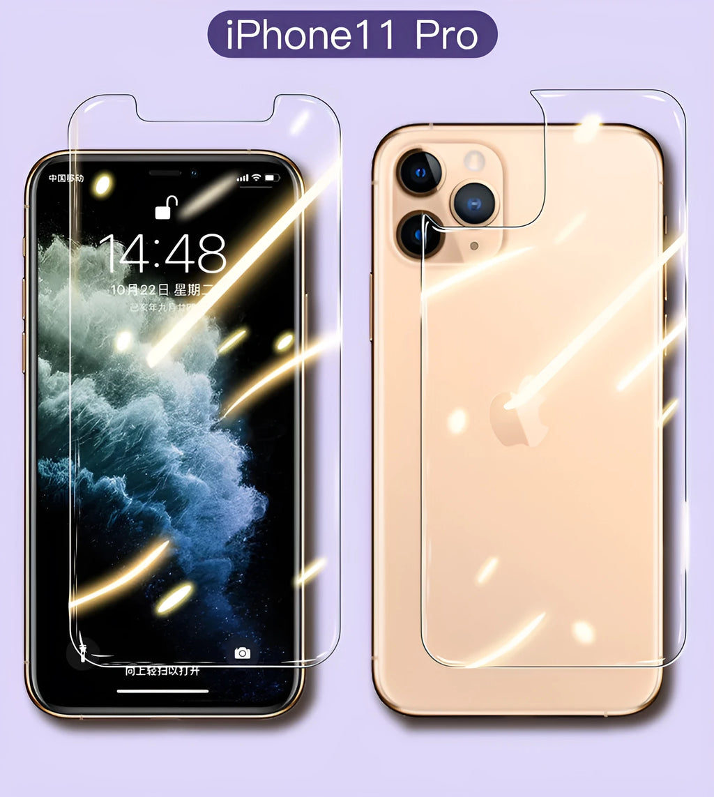 iPhone tempered glass screen protector showing front and rear film for iPhone 11 Pro Max
