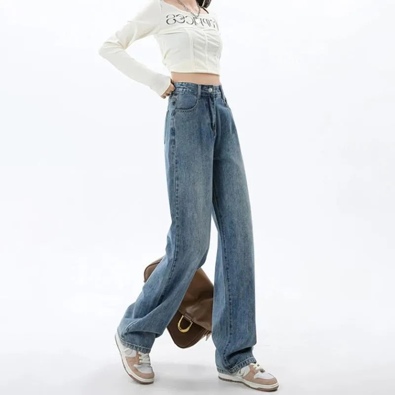 Women's retro blue wide leg jeans with high waist and straight leg design on hanger