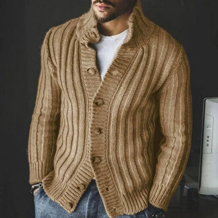 Men's casual single-breasted knitted sweater with lapel collar, long sleeves, in khaki colour
