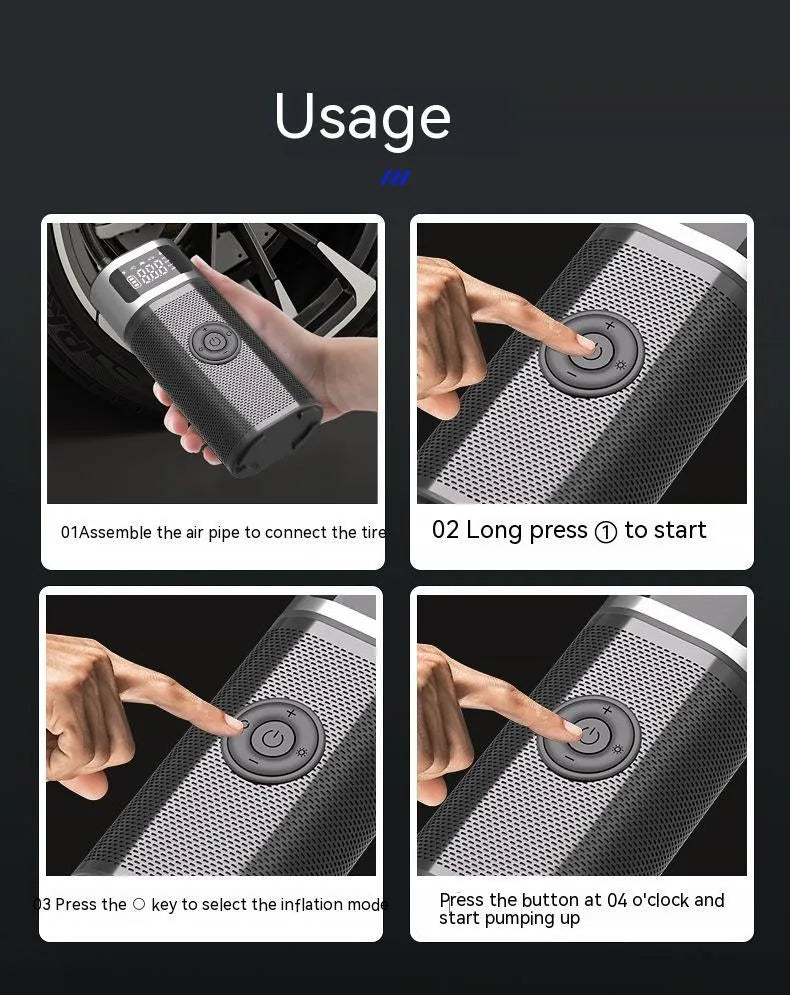 Black portable wireless smart vehicle air pump with a display, inflation tube, and multiple nozzles on a dark background.