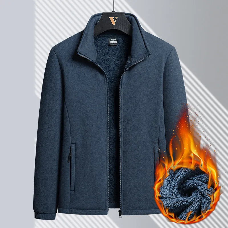 Men's thick grey Berber fleece cardigan coat with stand-up collar and zippered pockets.