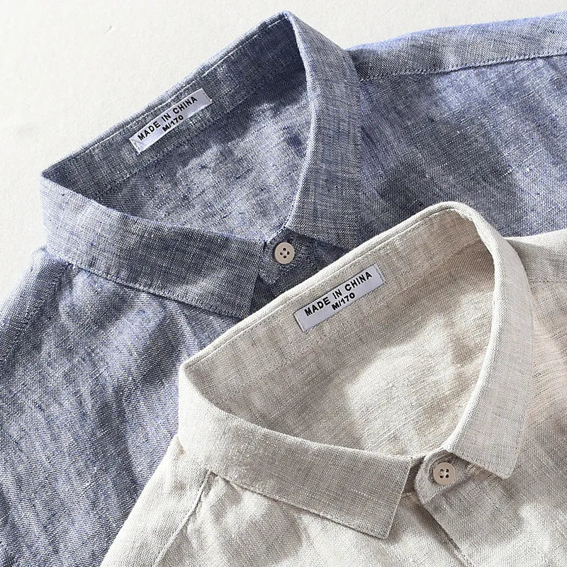 Men's raw jute and grey linen short sleeve shirt with square collar on hanger.