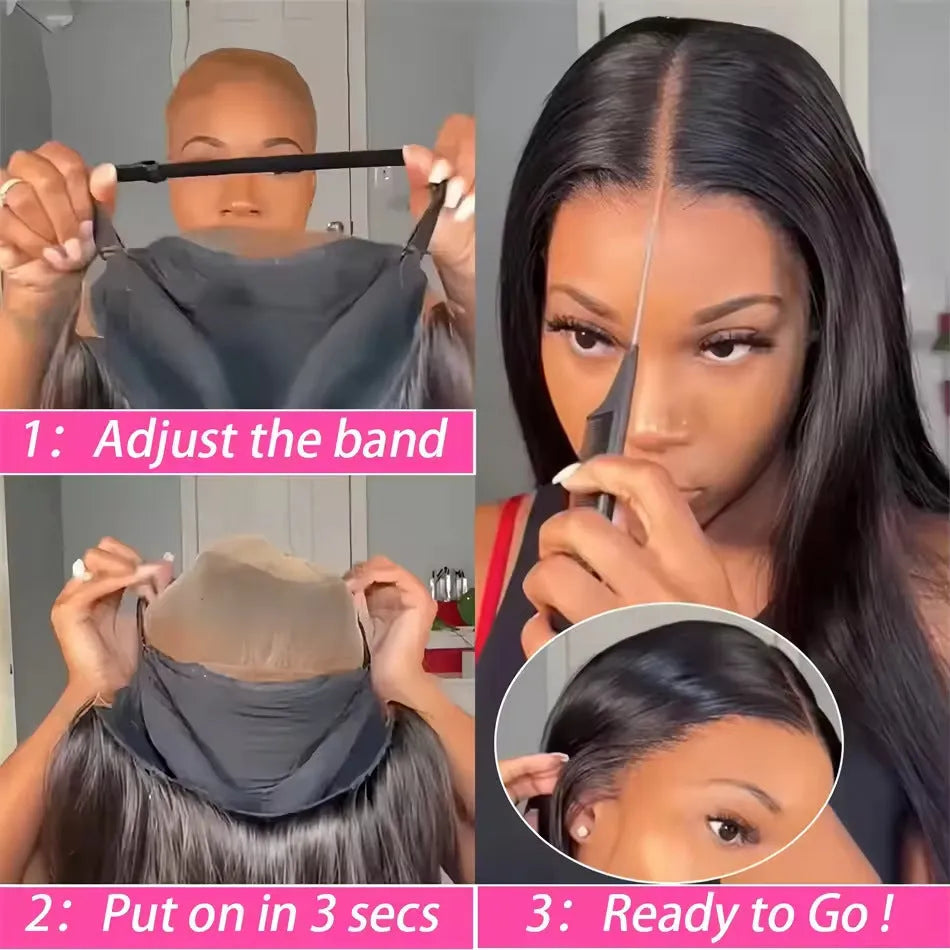 Glueless human hair straight wig with optional side bangs shown in natural style