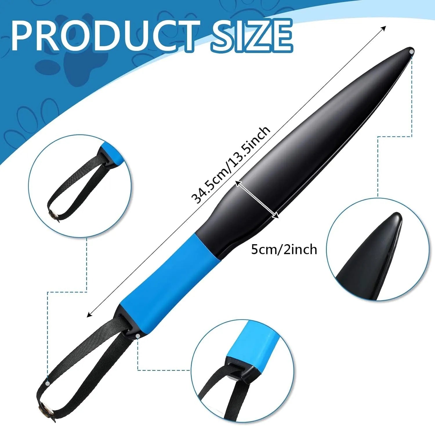 Blue-handled nylon dog break stick measuring 35 cm for small to medium dog training