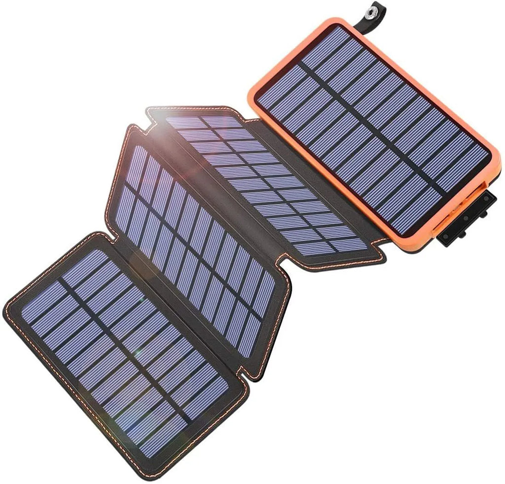 Outdoor solar power bank in multiple colours with solar panel, LED light, and leather casing.