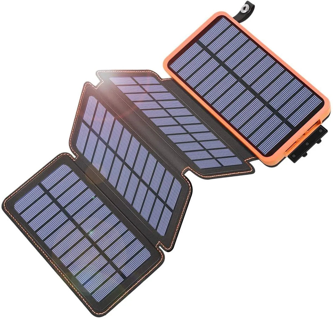 Outdoor solar power bank in multiple colours with solar panel, LED light, and leather casing.
