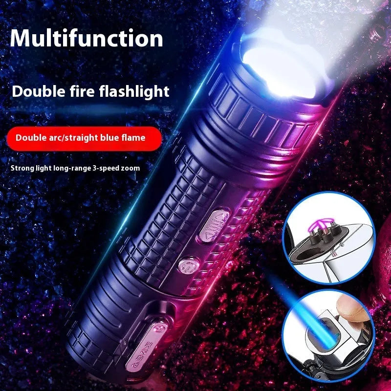 TH727 metal multifunctional flashlight lighter shown in camouflage, red, black, blue, and yellow colour options.