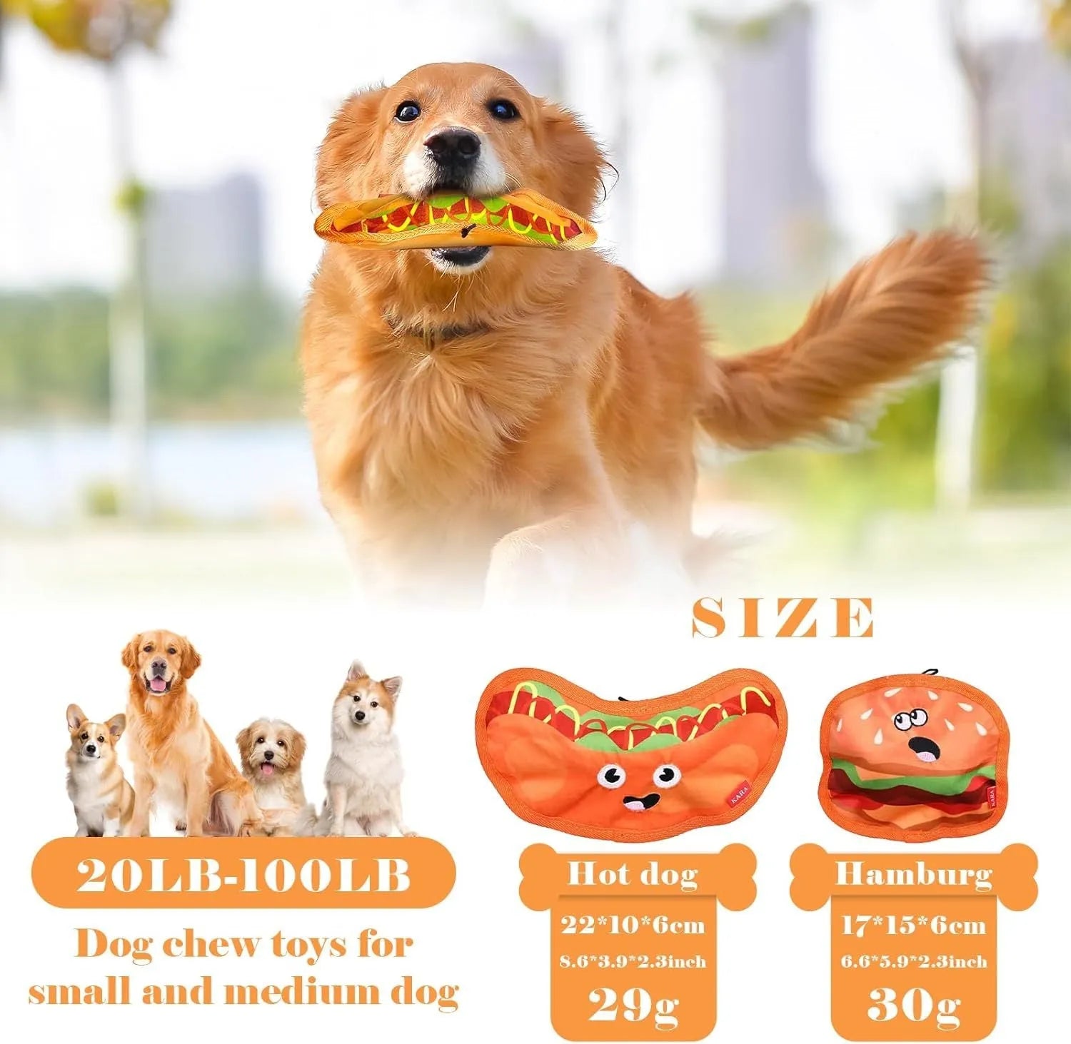 Dual sound crinkle dog chew toy in food shape design with vivid colours for interactive play