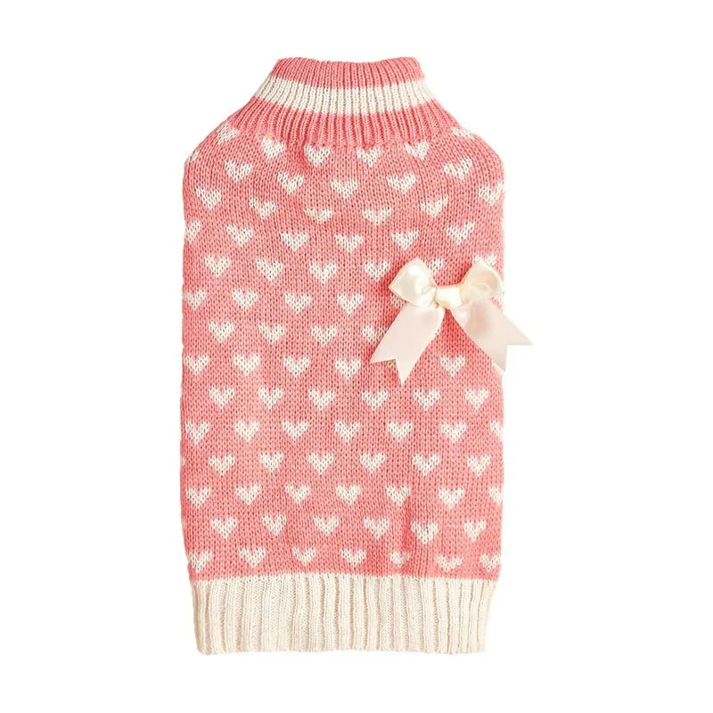 Fashion dog sweater with heart and bow design in acrylic knit fabric