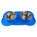Large silicone pet feeding mat with two stainless steel bowls in silver grey colour