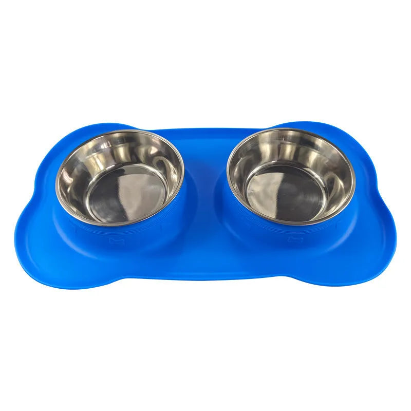 Large silicone pet feeding mat with two stainless steel bowls in silver grey colour