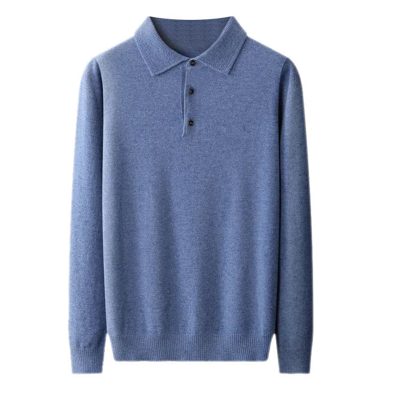 Men's wool polo collar pullover sweater in noble blue colour on a hanger