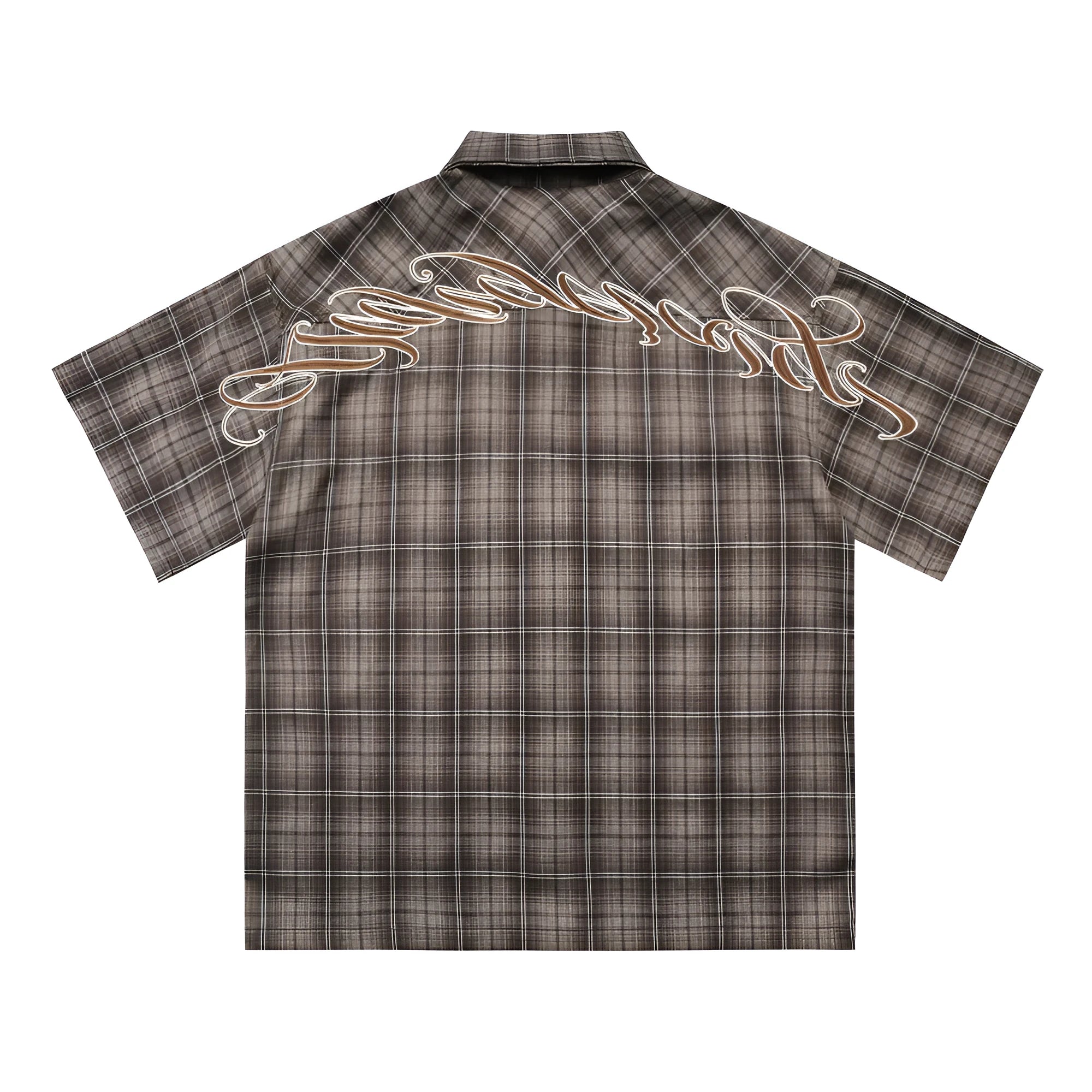 Men's black plaid short sleeve shirt with embroidered letter design and lapel collar
