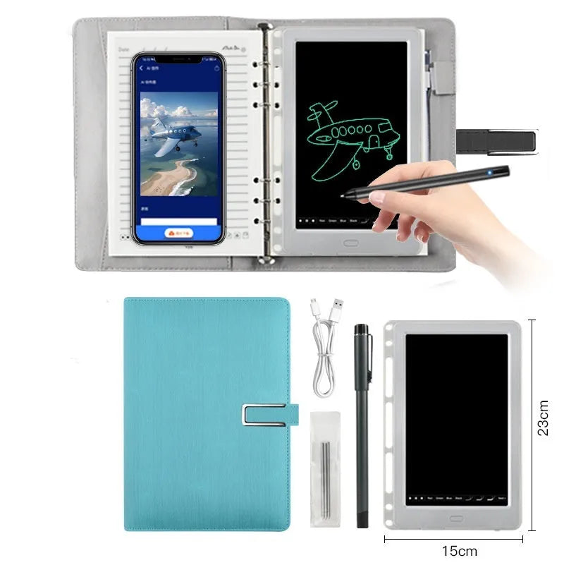 85-inch black electronic writing pad with stitching design and smart pen on a desk