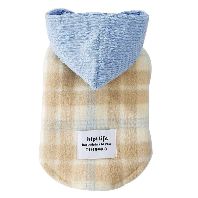 Blue corduroy pet hooded vest with chessboard grid pattern showing hood and traction design