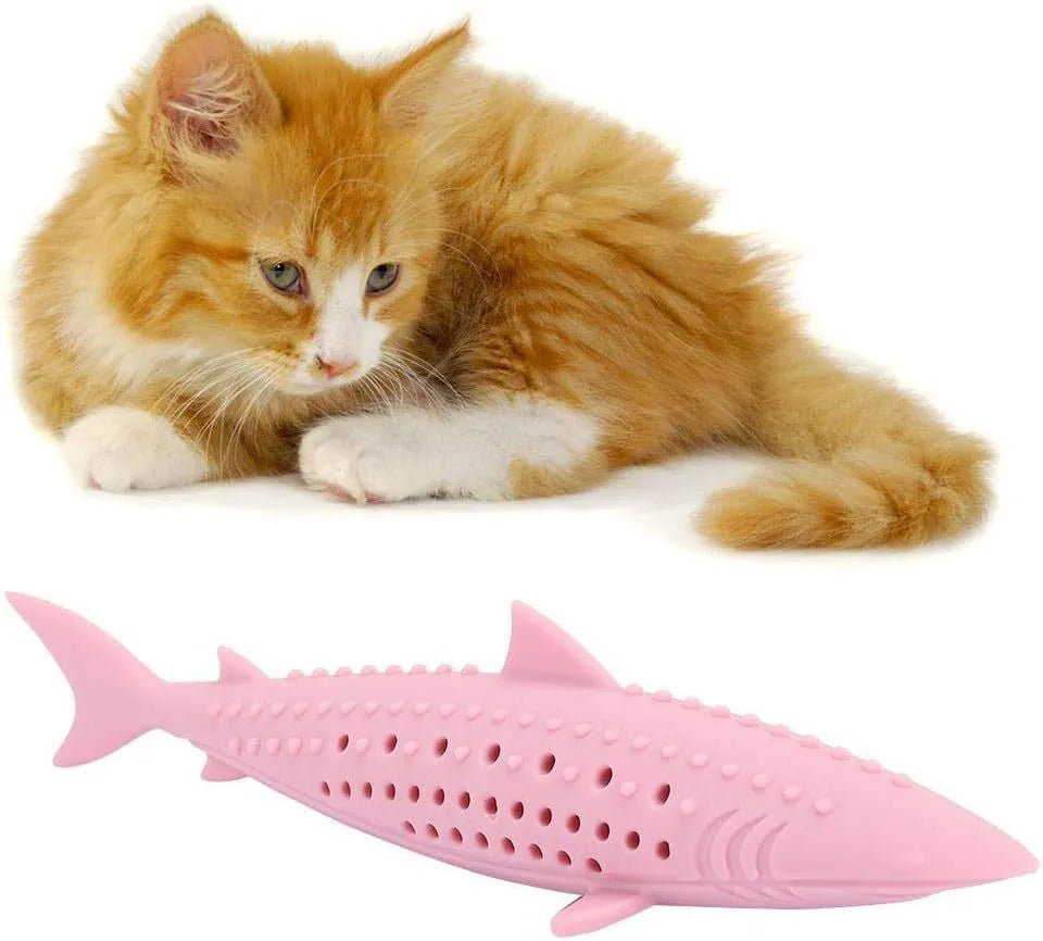 Silicone fish-shaped cat chew toy in green with breathable side holes for catnip