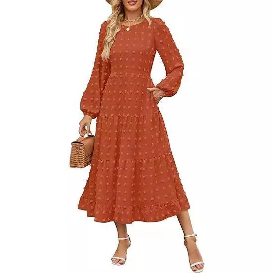 Women's long sleeve autumn dress with ruffle sleeves and high waist in solid colour options