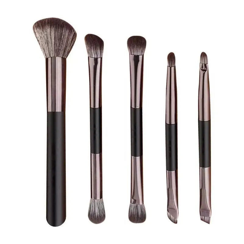Makeup brush kit with mirror showing eyeshadow brushes with artificial fibre bristles and plastic handles