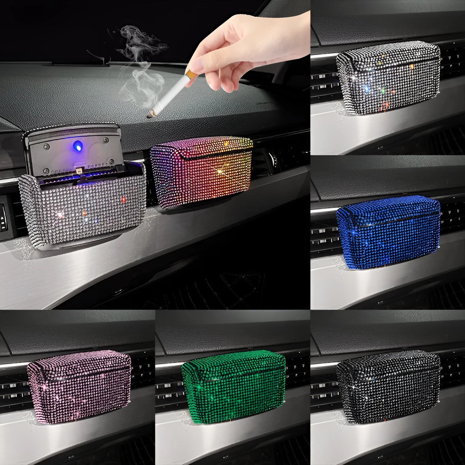 Covered plastic car ashtray with air outlet design in diamond series colours measuring 10x7x5cm