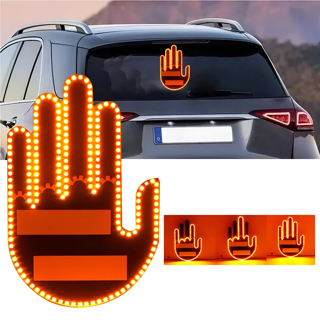 Black plastic LED car gesture light showing illuminated middle finger sign on dashboard