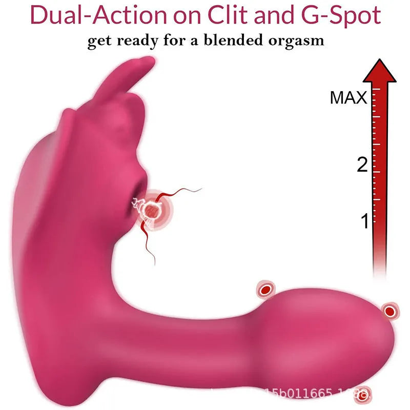 Remote control wearable butterfly dildo in purple silicone with remote and USB cable in rose red aluminium bag