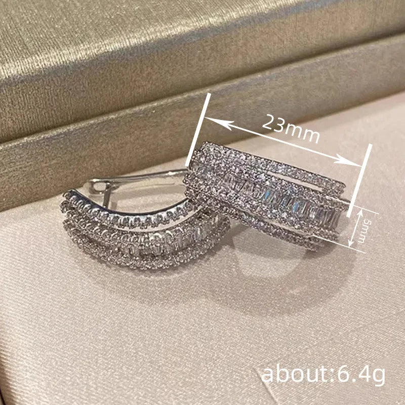 Geometric white gold colour stud earrings with zircon inlaid detailing for women