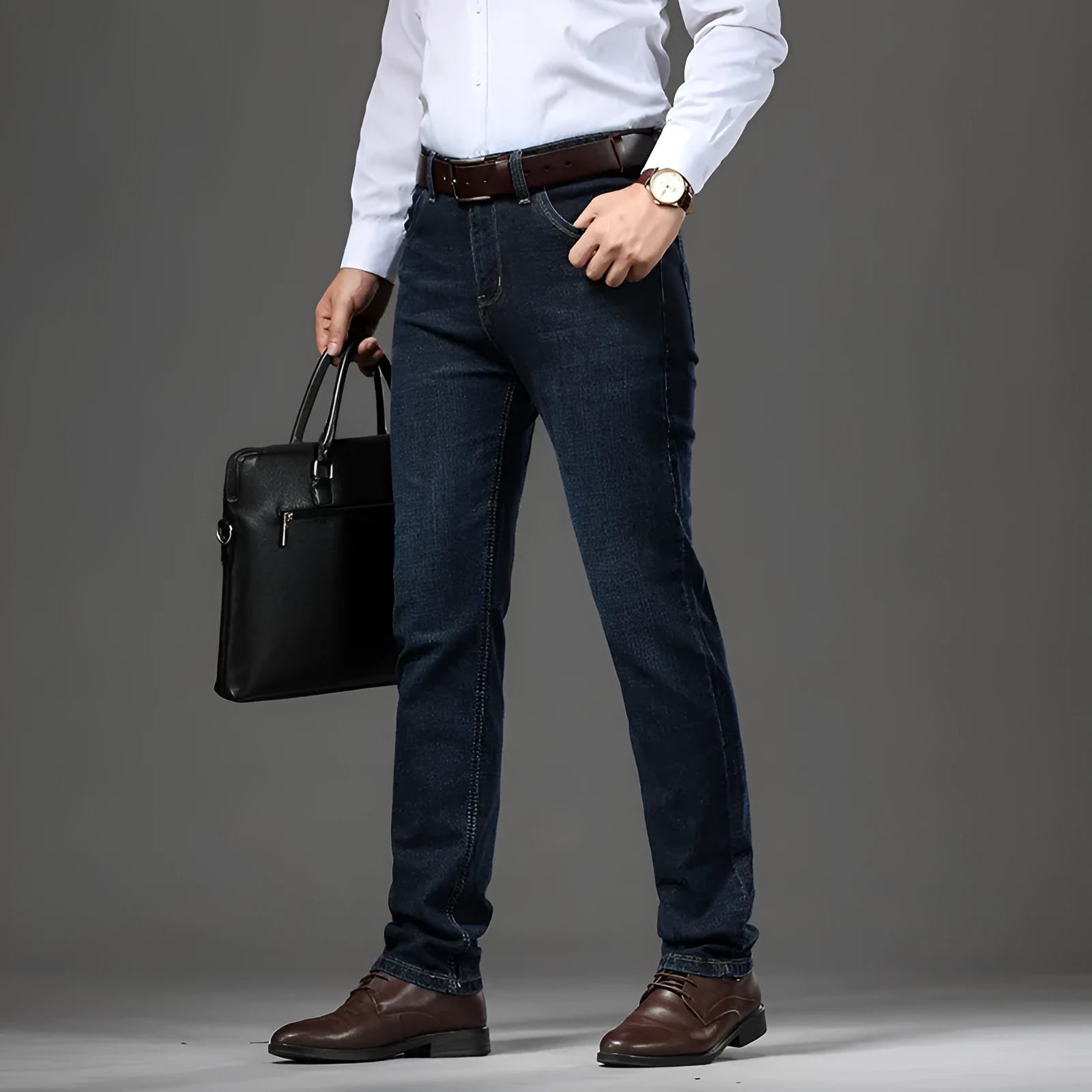 Stretch jeans in black and blue denim with straight-leg fit and high elasticity fabric
