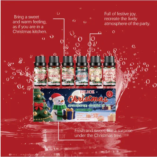 Christmas aromatherapy oil set showing six bottles including 60ml and 10ml sizes