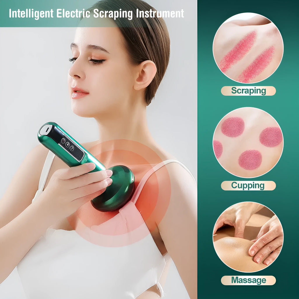 Green electric vacuum cupping massager with digital display and charging cable.