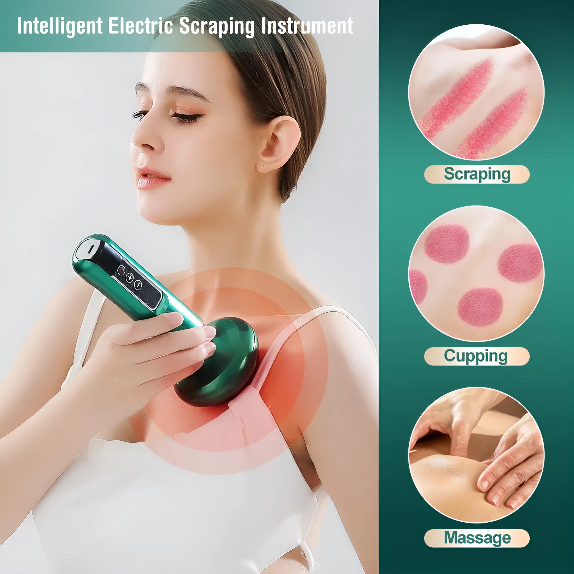 Green electric vacuum cupping massager with digital display and charging cable.