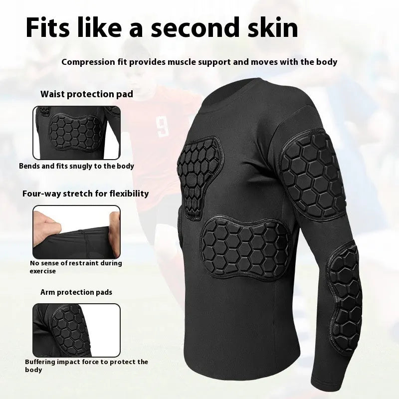Men's goalkeeper anti-collision long-sleeved top and pants with honeycomb padding in black.