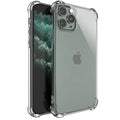 Clear transparent shockproof TPU back cover case for Apple iPhone on a table.
