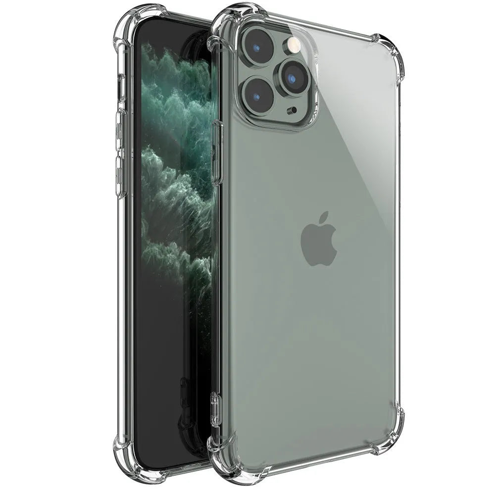 Clear transparent shockproof TPU back cover case for Apple iPhone on a table.