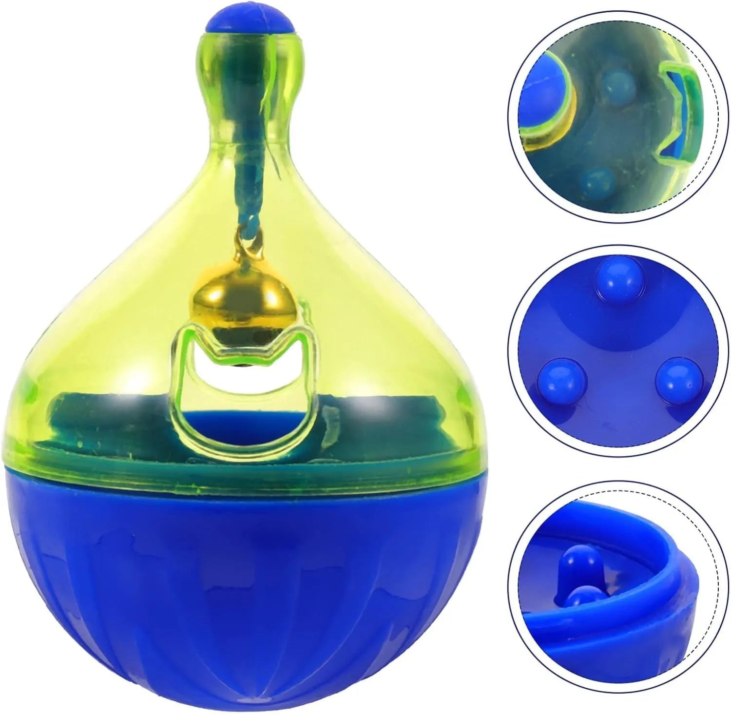 Blue interactive pet treat dispenser tumbler ball for dogs and cats on a wooden floor