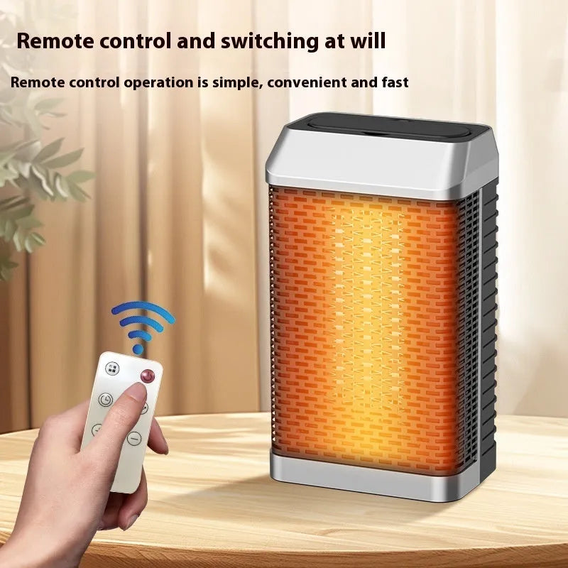 Black desktop smart heater with remote control, shaking head mechanism, and digital display
